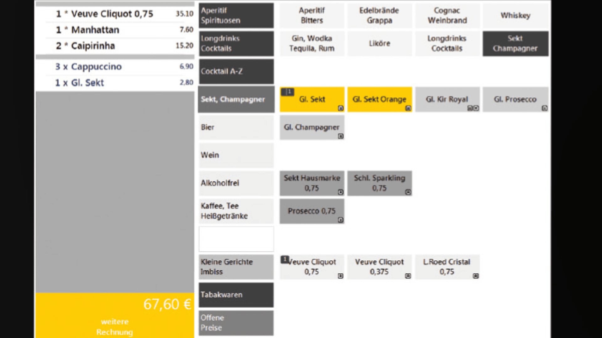 Ein digitaler Kassenbildschirm zeigt eine Liste der bestellten Getränke, darunter Veuve Clicquot, Manhattan, Caipirinha, Cappuccino und Sekt, mit einer Gesamtrechnung von 67,60 Euro am unteren Rand.