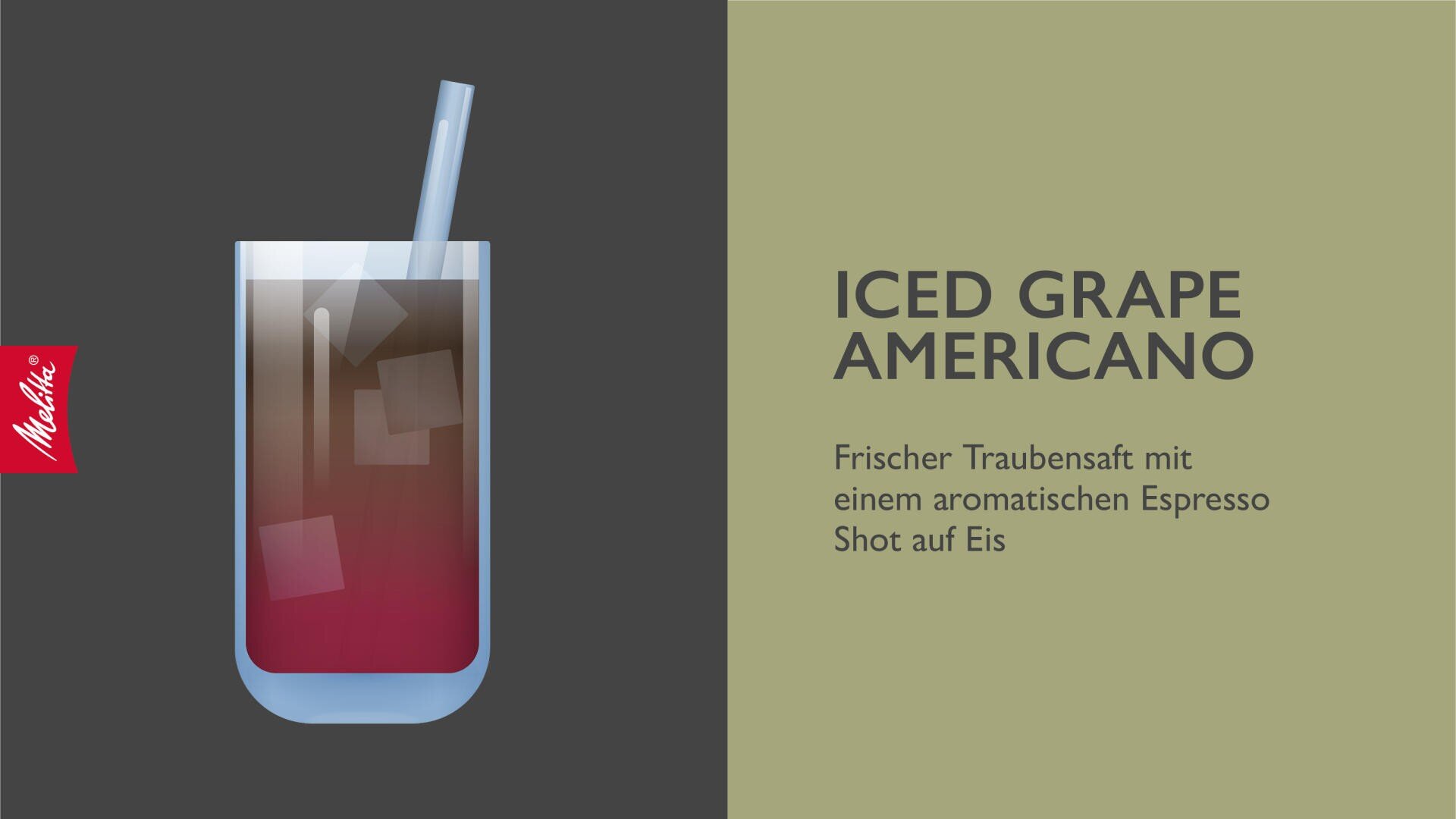 Un verre d'Americano au raisin givré avec des glaçons et une paille sur fond sombre. Le texte à côté est le suivant : Geeister Trauben-Americano. Jus de raisin frais avec un shoot d'espresso aromatique sur glace.
