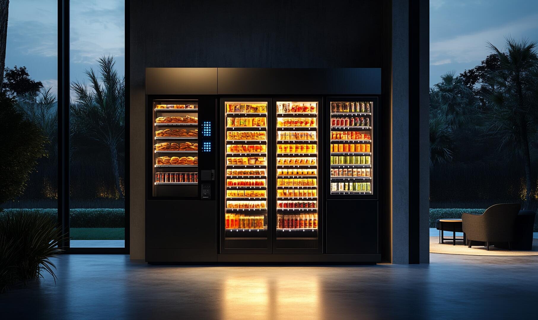 Ein moderner Verkaufsautomat mit Snacks, Sandwiches und Getränken ist hell erleuchtet in einem schlichten, dunklen Raum mit großen Fenstern, die Bäume und Sitzplätze im Freien in der Abenddämmerung zeigen.