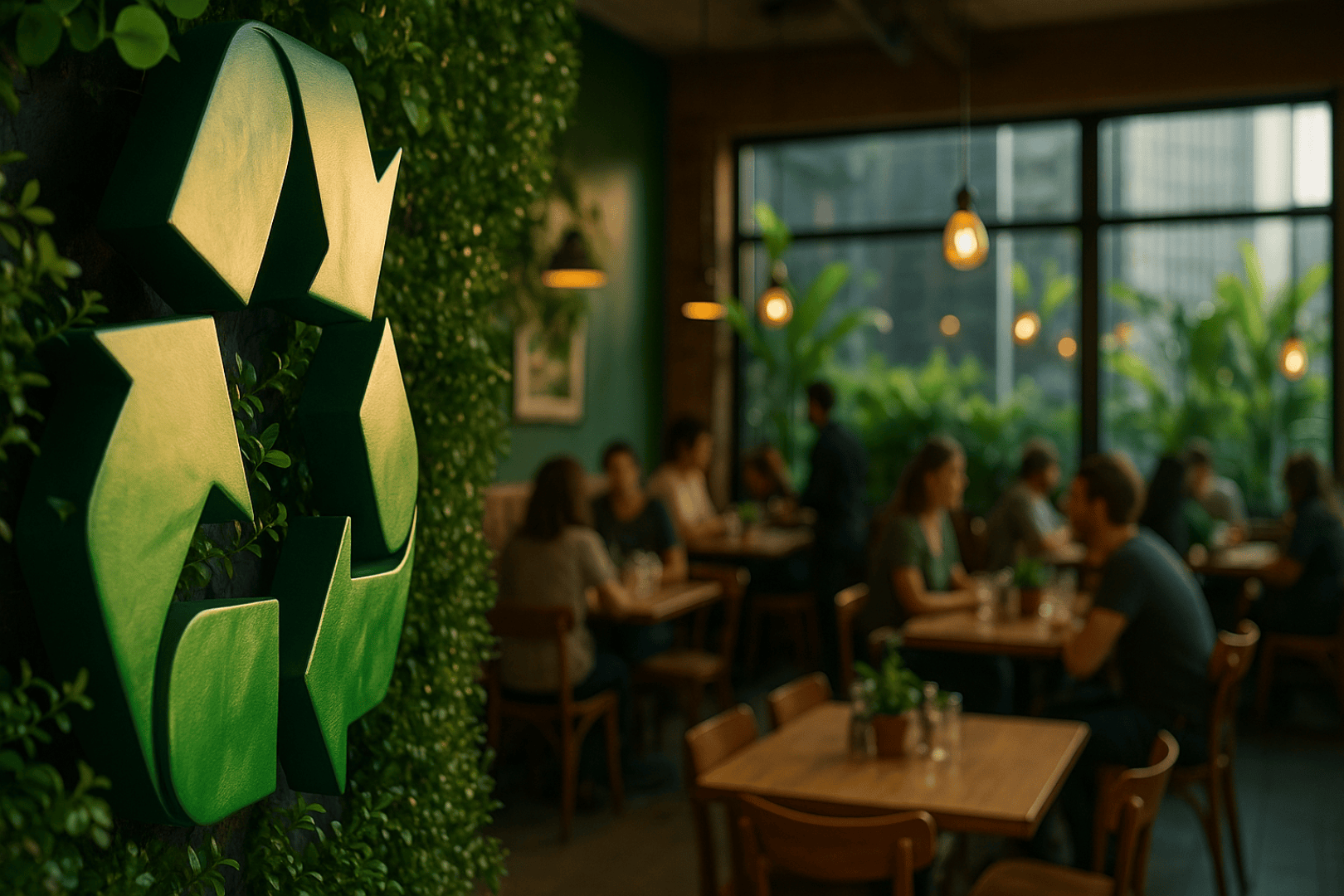 Ein großes grünes Recycling-Symbol ist an einer begrünten Wand in einem hellen, modernen Café angebracht, in dem Menschen an Tischen sitzen, sich unterhalten und ihre Mahlzeiten in der Nähe großer Fenster mit Blick auf die Stadt genießen.