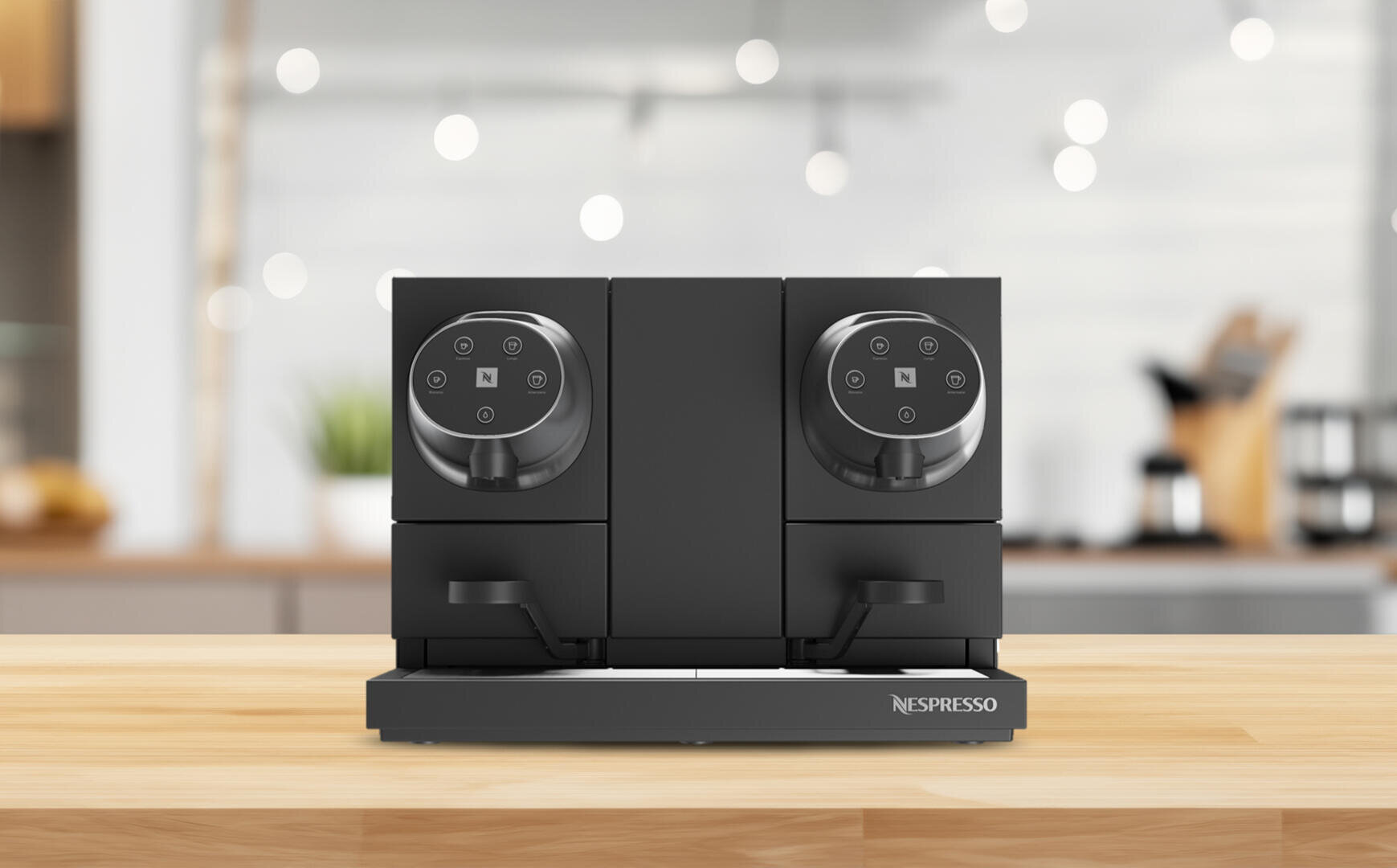 Eine schwarze Nespresso-Kaffeemaschine mit zwei Spendern steht auf einer hölzernen Arbeitsplatte in einem modernen, unscharfen Küchenhintergrund mit sanfter Beleuchtung.