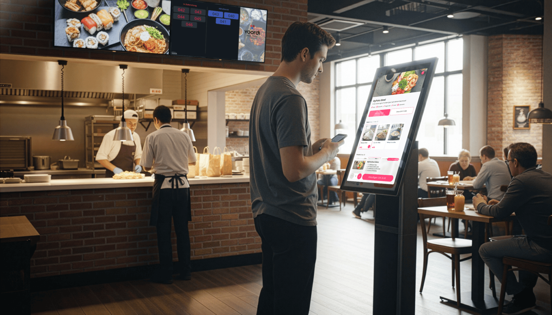 Dans un restaurant moderne aux murs de briques, un homme commande son repas à un kiosque numérique en libre-service, tandis que les cuisiniers travaillent dans la cuisine ouverte et que d'autres clients mangent à des tables.