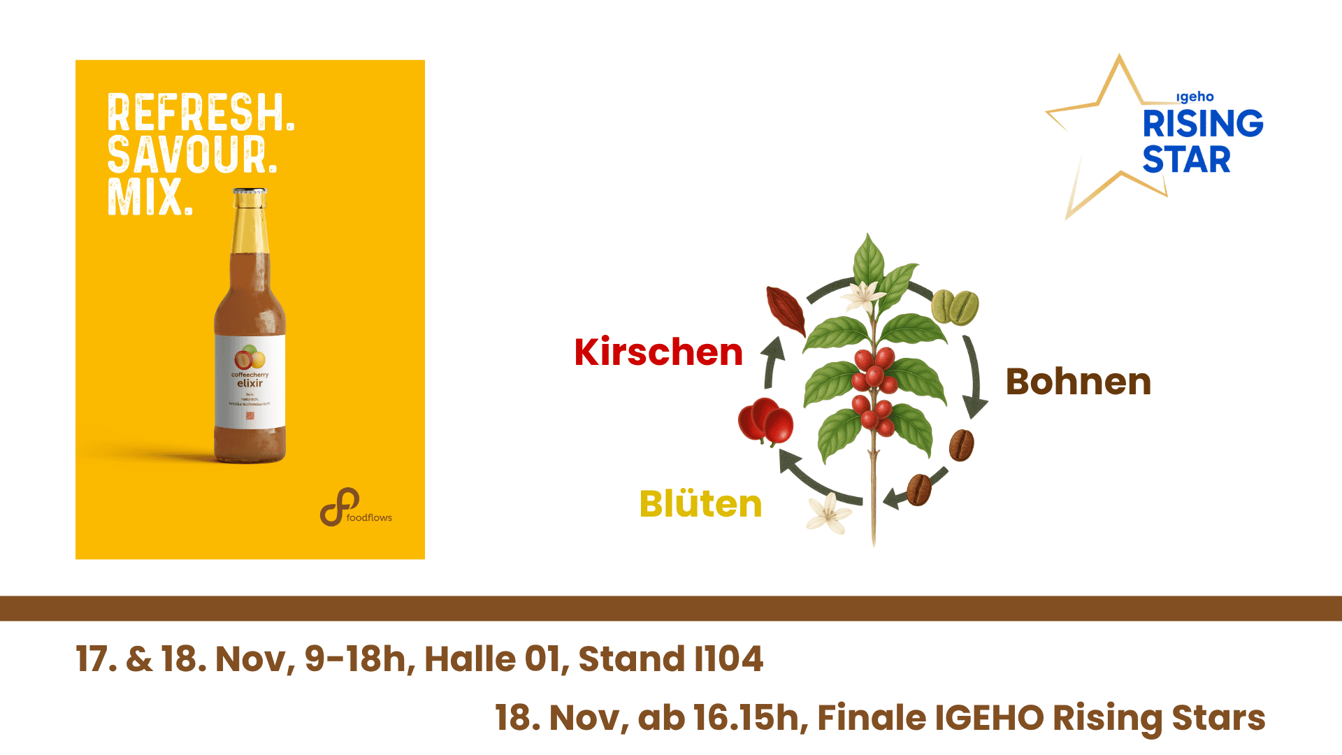 Poster représentant une bouteille de boisson avec l'inscription REFRESH. SAVOUR. MIX., un diagramme du cycle de vie du caféier et les détails de l'événement IGEHO Rising Stars les 17 et 18 novembre dans le hall 01, stand I104, y compris la finale du 18 novembre à 16h15.