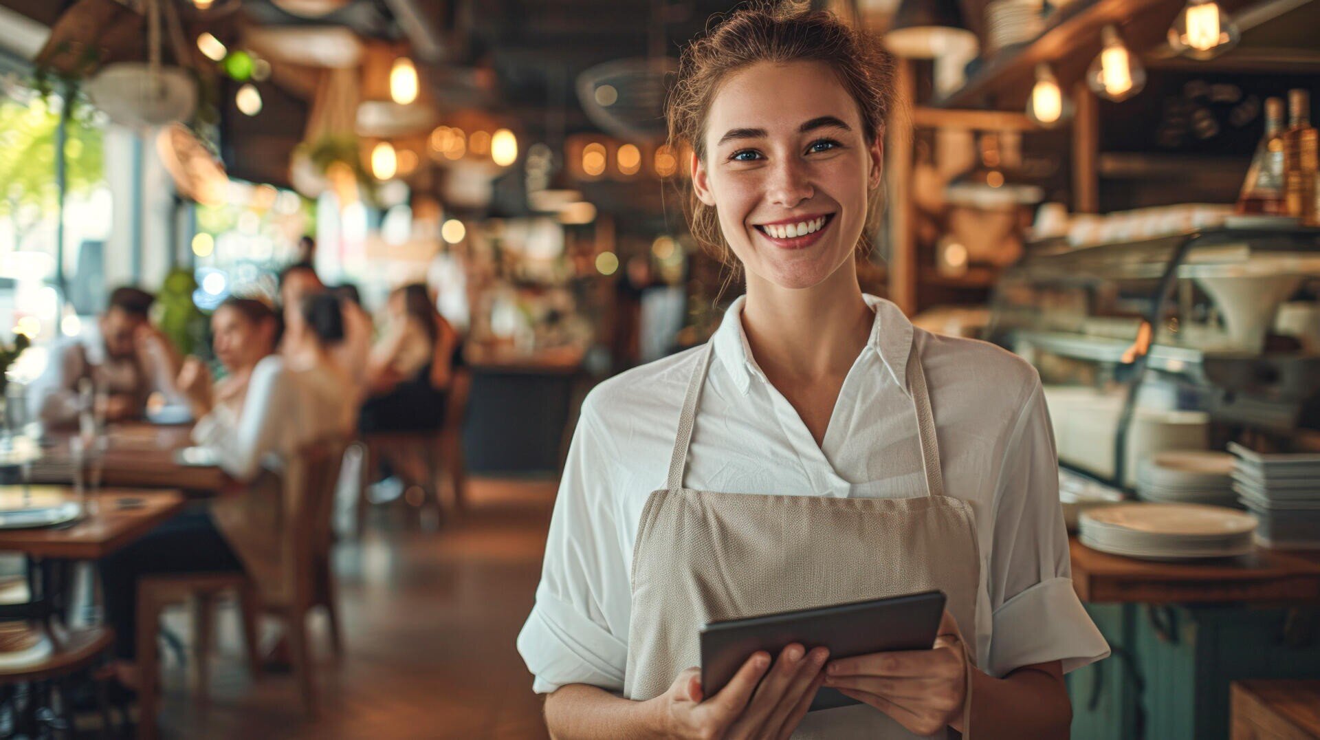 Eine lächelnde Kellnerin in weißem Hemd und Schürze hält ein digitales Tablet in einem belebten, warm beleuchteten Restaurant, in dem im Hintergrund Menschen essen.