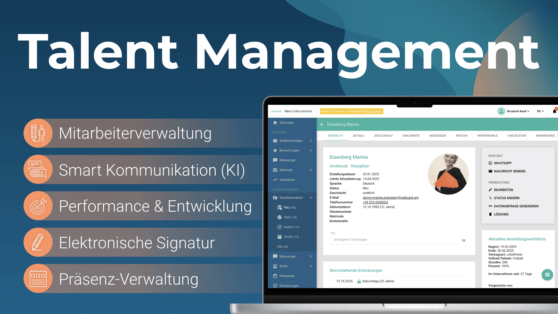 Eine digitale Grafik für Talentmanagement zeigt einen Laptop mit einem Mitarbeiterprofil auf dem Bildschirm. Symbole und Beschriftungen auf der linken Seite listen Funktionen auf: Mitarbeiterverwaltung, intelligente Kommunikation (KI), Leistung, elektronische Unterschrift und Präsenzmanagement.