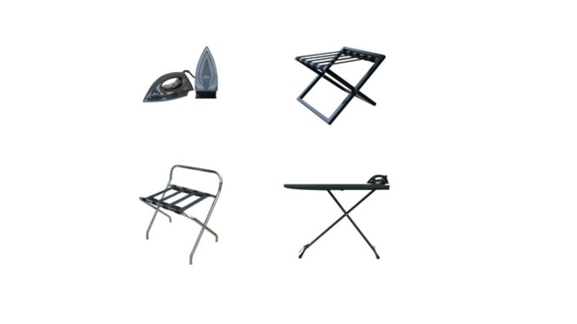 Quatre articles ménagers sur fond blanc : un fer à repasser, un porte-vêtements mural pliant, un porte-bagages en métal et une planche à repasser sur pied.
