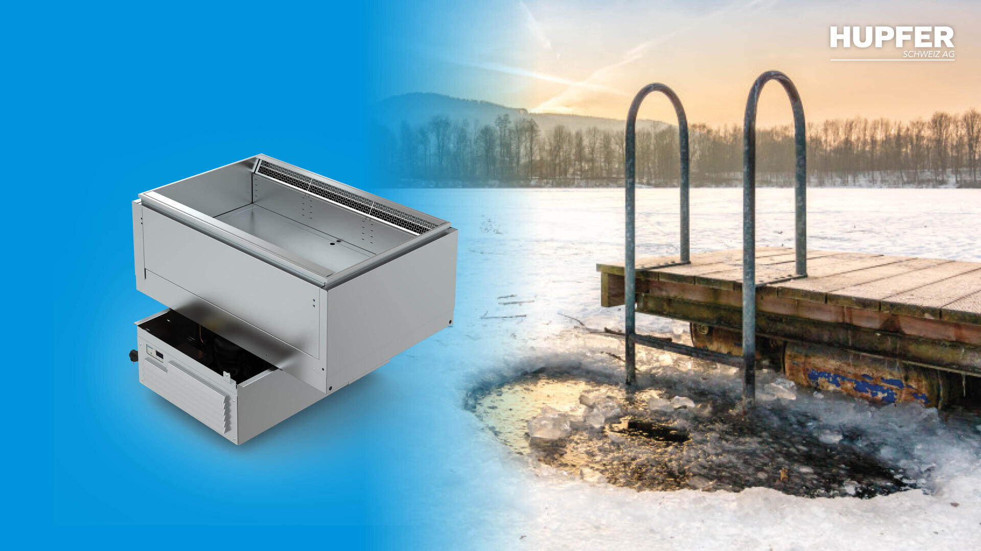 Eine Metallschublade ist auf blauem Hintergrund neben einer Winterszene mit einem zugefrorenen See, einem hölzernen Steg und einem Eisloch mit einer Leiter abgebildet. In der rechten oberen Ecke ist das Logo der Firma Hupfer zu sehen.
