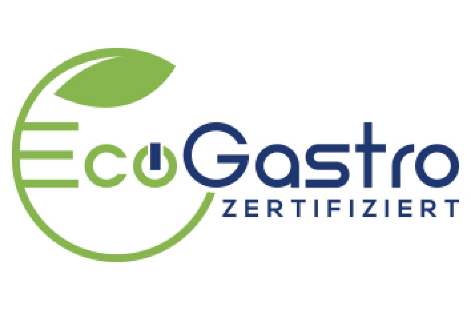 Logo mit dem Text EcoGastro ZERTIFIZIERT; Eco ist in Grün mit einem Blattmuster, Gastro und ZERTIFIZIERT sind in Blau. Das Design bildet einen stilisierten grünen Kreis, der an einen Apfel oder ein Blatt erinnert.