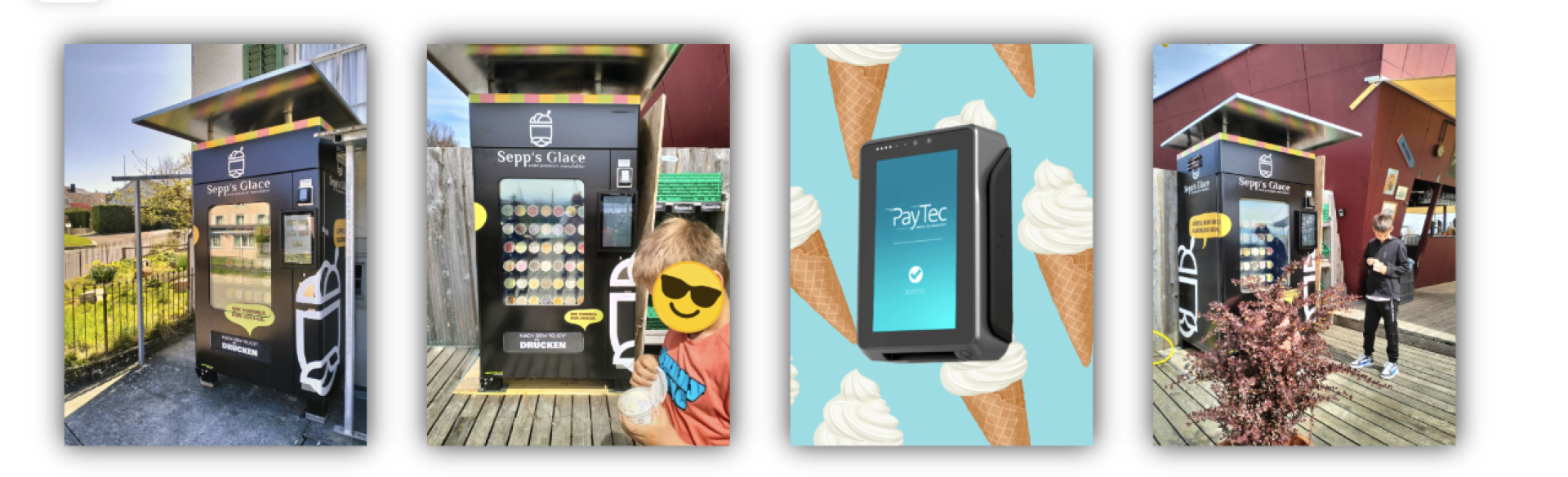 Quatre images : deux montrent un distributeur automatique de glaces en plein air, l'une montre un enfant mangeant une glace, la troisième montre une main tenant une glace, la quatrième représente un terminal de paiement numérique avec des cornets de glace en arrière-plan.