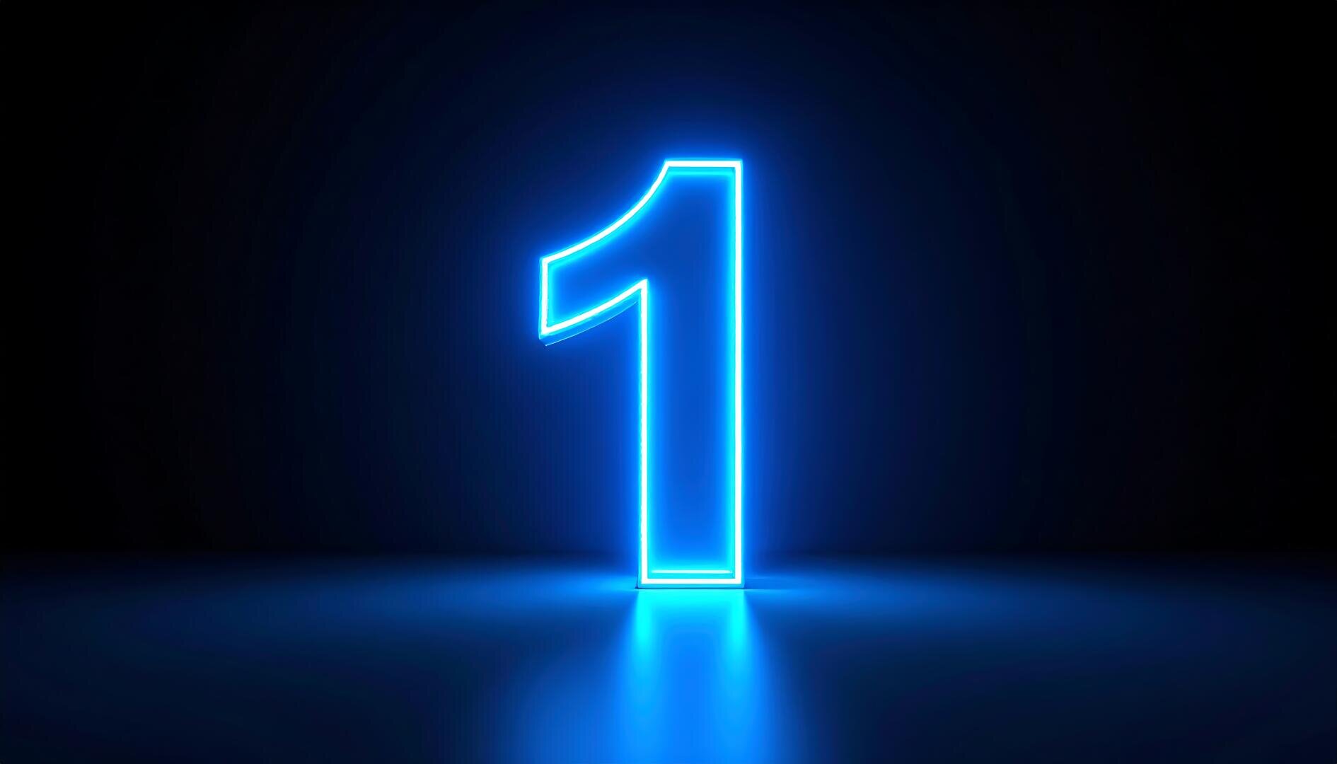 Eine große, leuchtend blaue Nummer eins steht in der Mitte vor einem dunklen Hintergrund und wirft eine sanfte blaue Reflexion auf den Boden darunter.