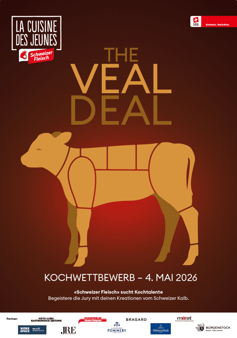 Poster für einen Kochwettbewerb mit einer stilisierten Abbildung eines Kalbs, einem Text in großen Lettern mit der Aufschrift "The Veal Deal" und den Details der Veranstaltung: Kochwettbewerb - 4. Mai 2026. Die Logos von Schweizer Fleisch und der Sponsoren sind enthalten.