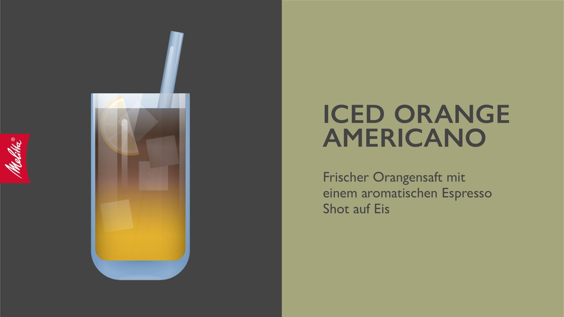 Un verre rempli de jus d'orange glacé et d'espresso, garni d'une tranche de citron et d'une paille. Le texte à côté dit : "ICED ORANGE AMERICANO. Jus d'orange frais avec un shot d'espresso aromatique sur glace".
