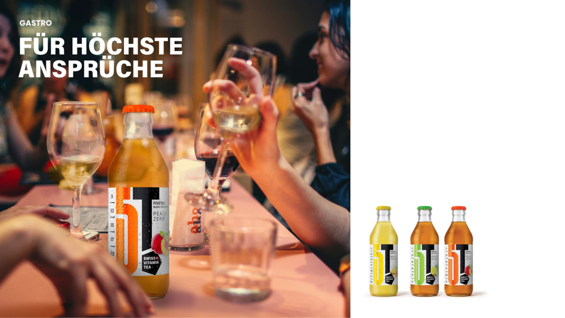 Un groupe de personnes est assis à une table avec des boissons et se concentre sur une bouteille de thé glacé bio B1. Sur le côté droit, trois saveurs de thé sont représentées sur un fond blanc. Le texte en allemand indique "Für höchste Ansprüche" (pour les plus hautes exigences).