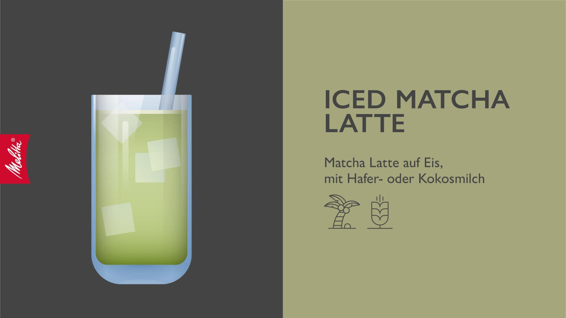 Sur le côté gauche, un verre de Matcha Latte glacé est représenté avec des glaçons et une paille. Sur le côté droit, le texte "Iced Matcha Latte" est accompagné d'une description en allemand et des symboles d'une plante et d'une brique de lait.