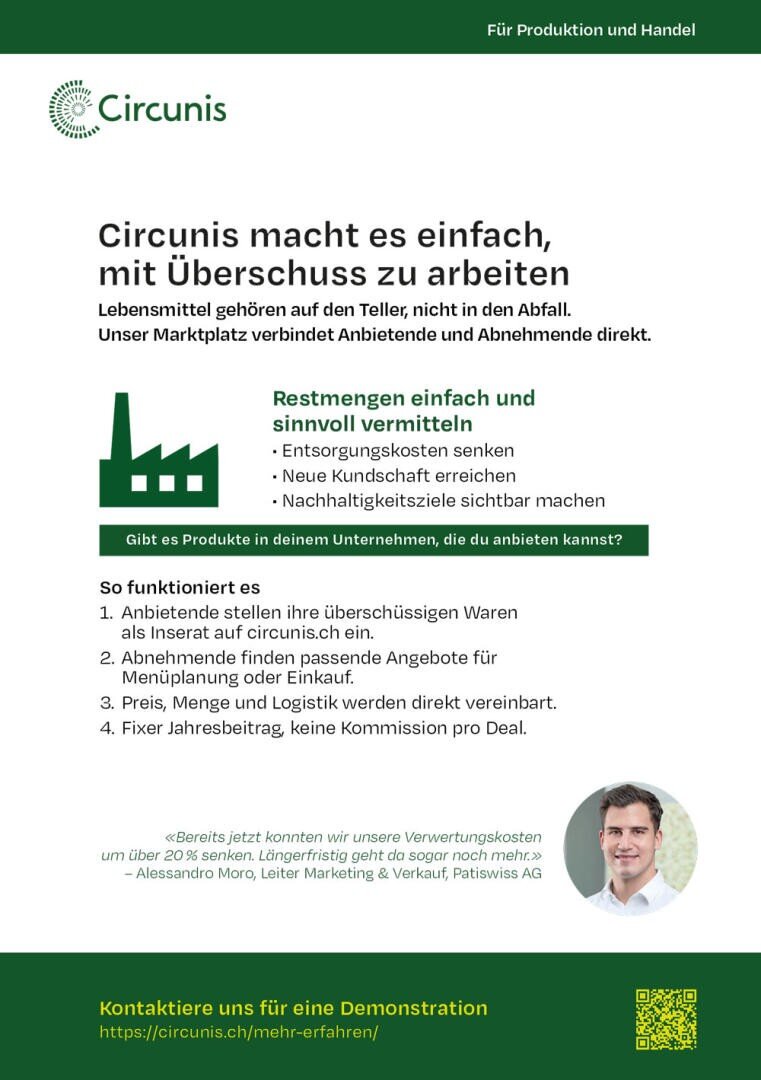 Eine deutsche Werbung für Circunis zeigt, dass die Plattform Unternehmen mit überschüssigen Waren mit Käufern verbindet. Zu den wichtigsten Punkten gehören Kosteneinsparungen, das Erreichen neuer Kunden und nachhaltige Praktiken. Kontaktinformationen und Erfahrungsberichte sind enthalten.