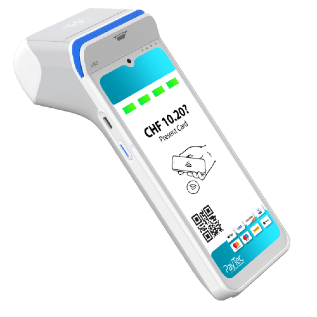 Ein modernes, weiß-blaues Kartenzahlungsterminal zeigt CHF 10.20 an und fordert den Benutzer auf, eine Karte vorzuzeigen. Auf dem Touchscreen werden ein Symbol für kontaktloses Bezahlen und QR-Codes angezeigt.
