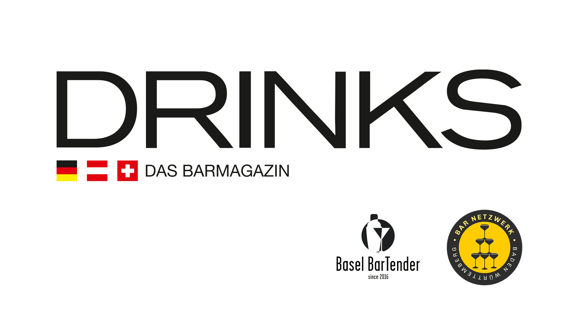 Grand texte "DRINKS" avec drapeaux allemand, autrichien et suisse à côté de "DAS BARMAGAZIN". Logos de Basel BarTender et Bar Netzwerk en bas à droite. Fond blanc.