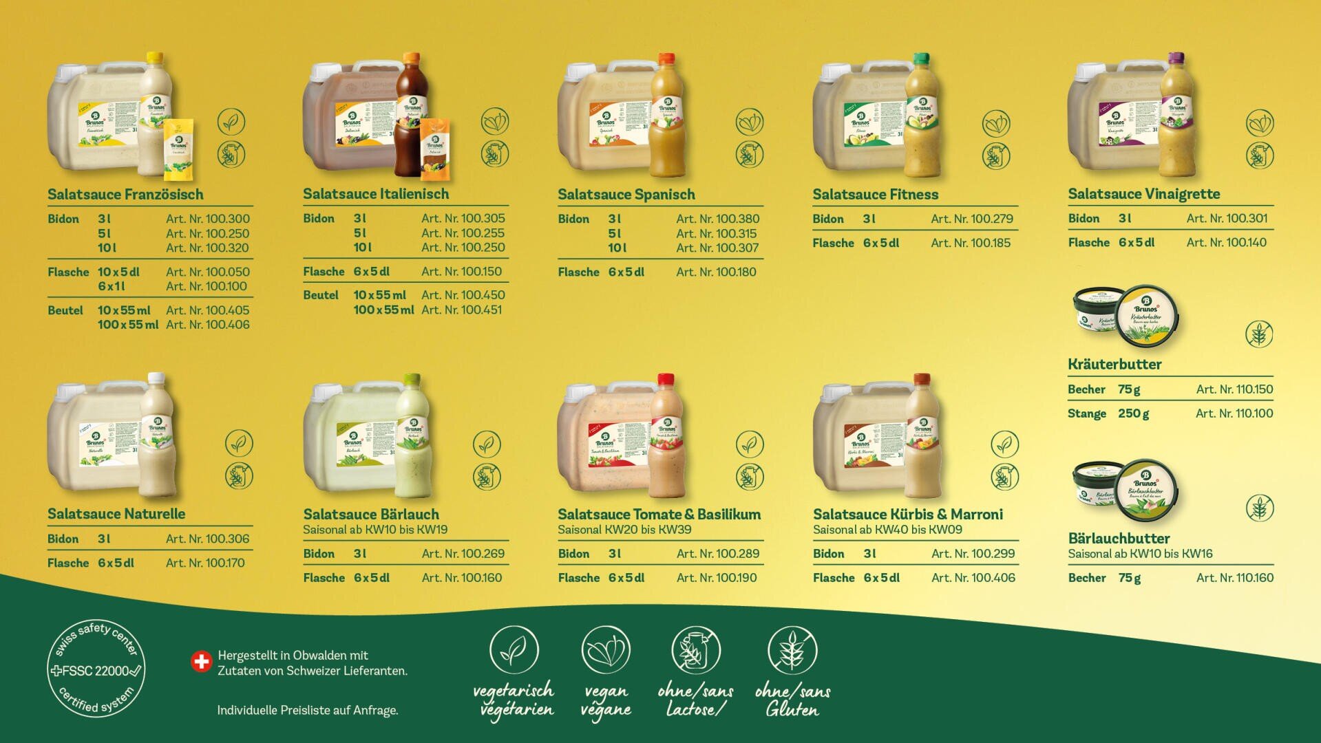 Un catalogue de produits présente différentes sauces à salade et beurres aux herbes dans des bouteilles, des bidons et des pots, chacun avec un nom et une taille. Des icônes indiquent les options végétaliennes, sans lactose et sans gluten sur un fond vert et jaune.