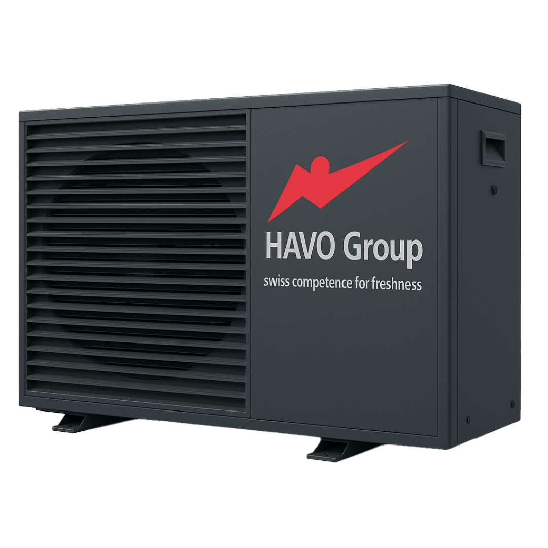 Une unité extérieure HVAC gris foncé avec des fentes d'aération horizontales, le logo du groupe HAVO et le texte swiss competence for freshness sur le côté.