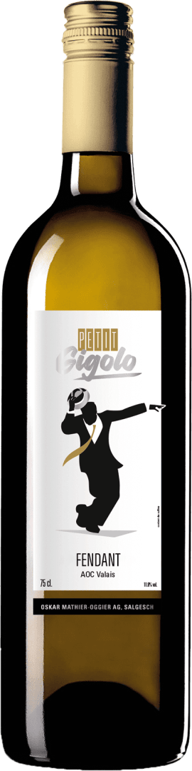 Eine Flasche Petit Gigolo Fendant Weißwein mit einem Etikett, das eine Comicfigur in Anzug und gelber Fliege zeigt, die tanzt oder eine verspielte Pose einnimmt. Die Flasche hat einen goldenen Verschluss und klare Markendetails.