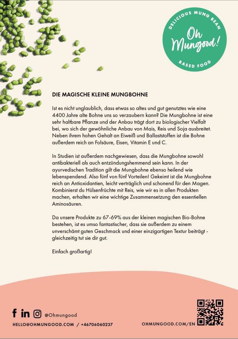 Ein Flyer mit grünen Mungobohnen auf hellem Hintergrund, Text, der die gesundheitlichen und nachhaltigen Vorteile von Mungobohnen beschreibt, und einem grünen Kreislogo mit der Aufschrift Oh Mungood! Leckere Lebensmittel auf Mungobohnenbasis.