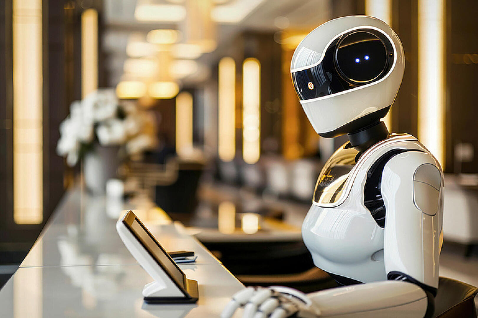 Ein humanoider Roboter in elegantem weiß-schwarzem Design sitzt an einem modernen Empfangstresen und blickt auf ein Tablet. Der Hintergrund weist eine elegante Beleuchtung und ein unscharfes Dekor auf, was auf eine gehobene Umgebung hindeutet.