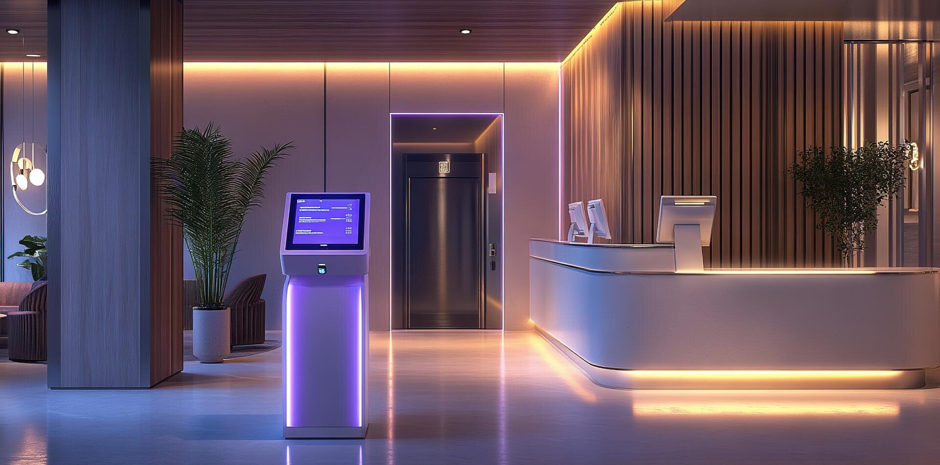Un hall d'hôtel moderne avec un éclairage sobre, un kiosque en libre-service violet, une réception avec des écrans d'ordinateur, un ascenseur, des plantes en pot et des sièges élégants, le tout éclairé par une douce lumière ambiante.