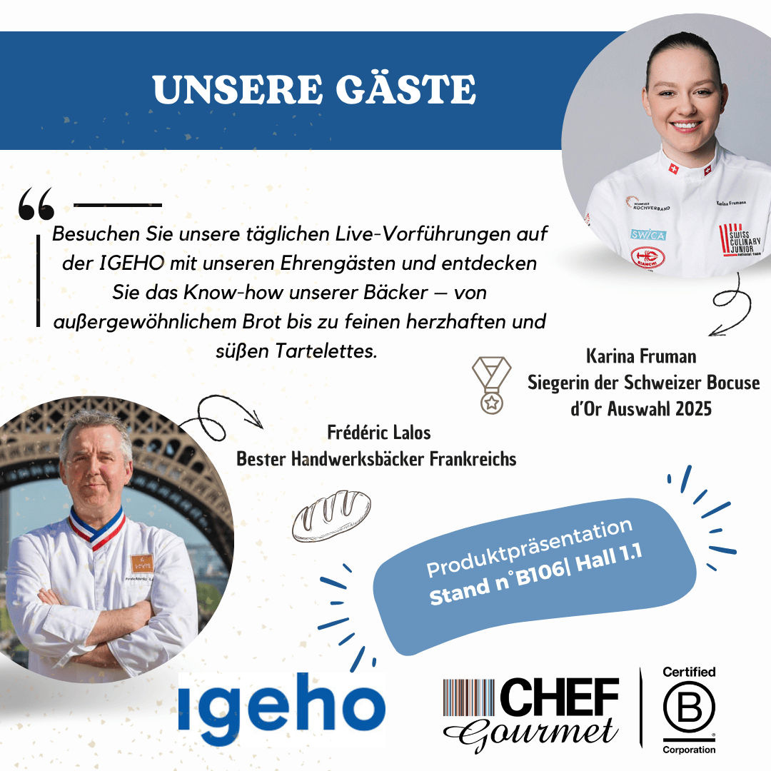 Werbegrafik für die Igeho-Veranstaltung mit Fotos der Köche Frédéric Lalos und Karina Fruman, Informationen zur Veranstaltung und zur Produktpräsentation von Chef Gourmet am Stand B106, Halle 1.1.