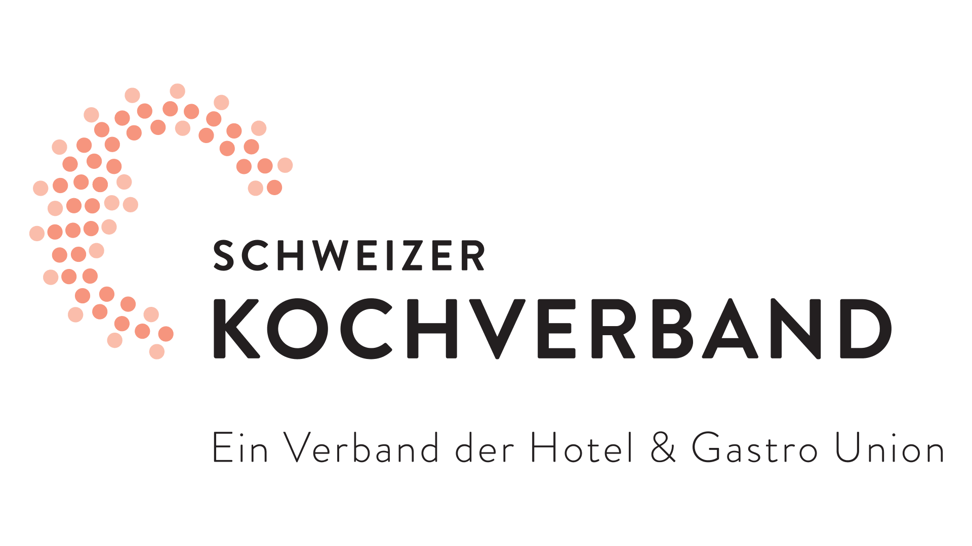 Logo de la Fédération suisse des cuisiniers, avec un motif circulaire de points orange sur le côté gauche et le nom de la fédération en caractères gras noirs sur fond blanc. Le slogan allemand apparaît en dessous, en caractères plus petits.