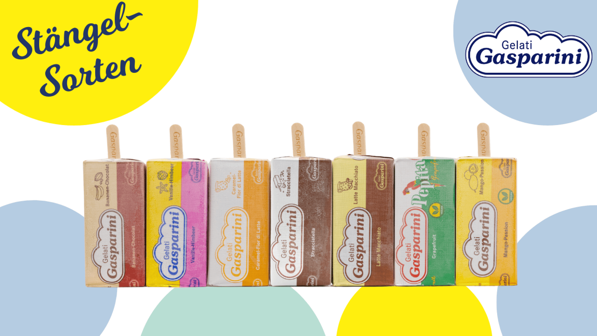Huit barres glacées Gelati Gasparini multicolores sont alignées verticalement, chacune avec un bâton en bois visible, sur un fond blanc avec des accents circulaires jaunes et bleus et le texte allemand Stängel-Sorten.