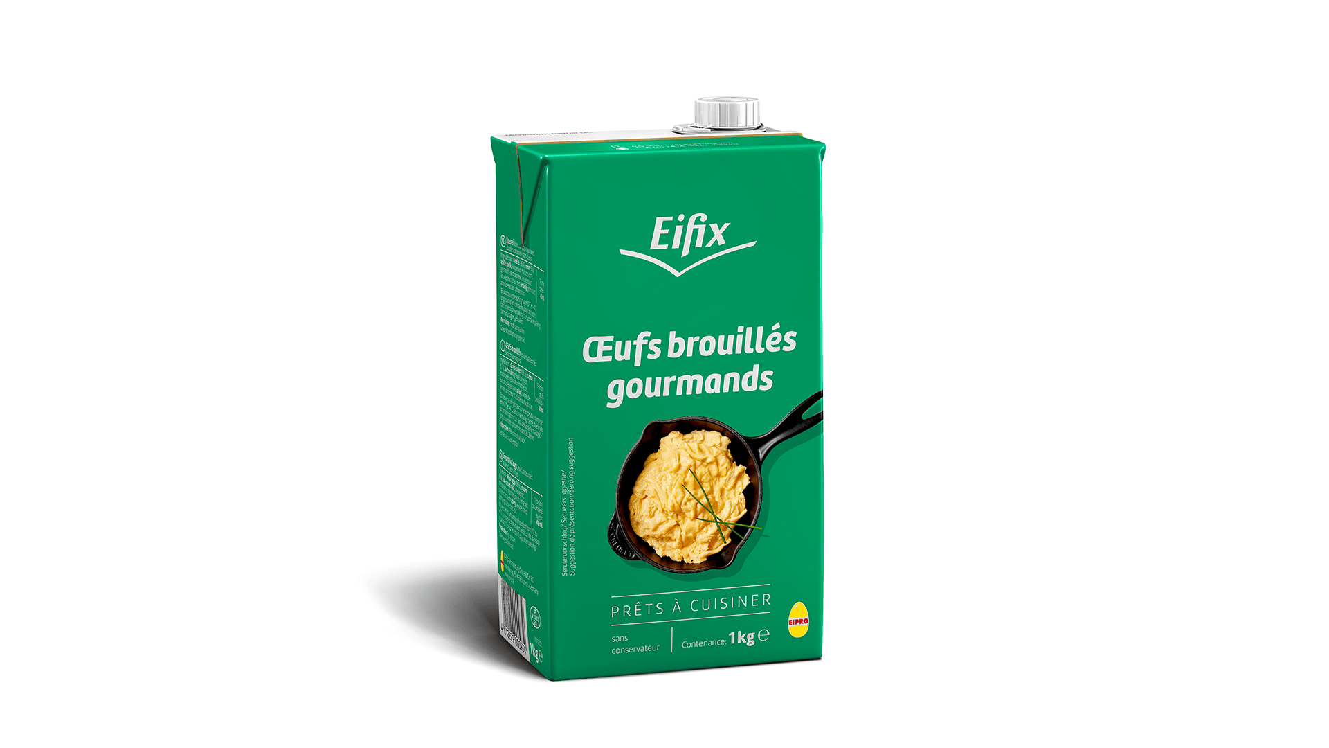 Carton vert d'œufs brouillés de la marque Eifix, étiquetés Œufs brouillés gourmands, avec une image d'œufs brouillés dans une poêle. Le carton contient 1 kg d'œufs brouillés prêts à cuire.