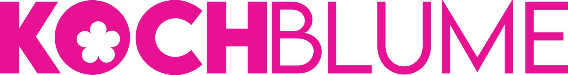 Der fettgedruckte rosa Text lautet "KOCHBLUME" in Großbuchstaben. Der Buchstabe "O" wird durch eine stilisierte weiße Blume mit fünf runden Blütenblättern in einem rosa Kreis ersetzt.