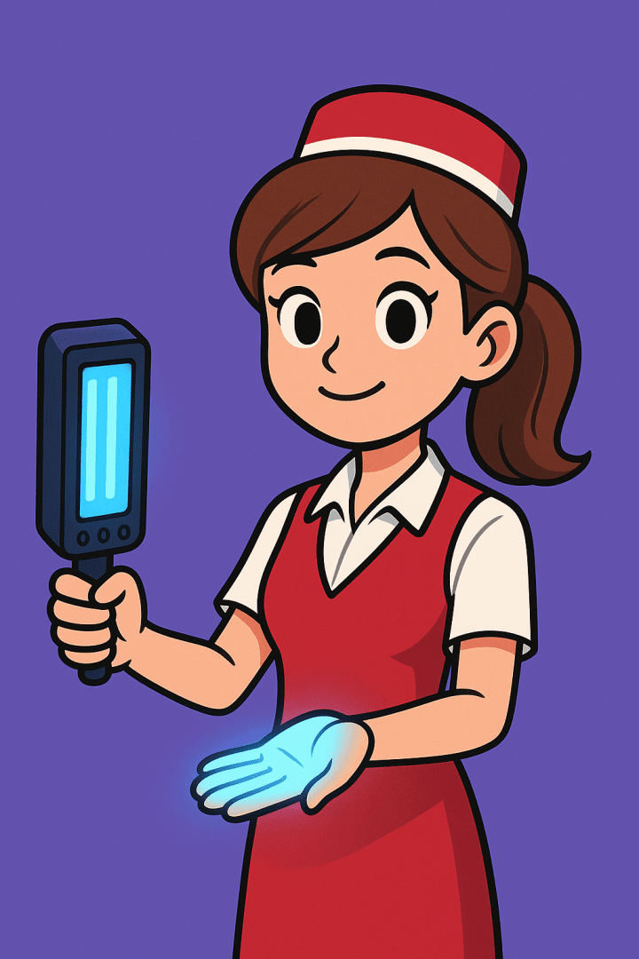 Eine lächelnde Frau in roter Uniform und mit Hut untersucht mit einer UV-Lampe ihre behandschuhte Hand vor einem violetten Hintergrund.