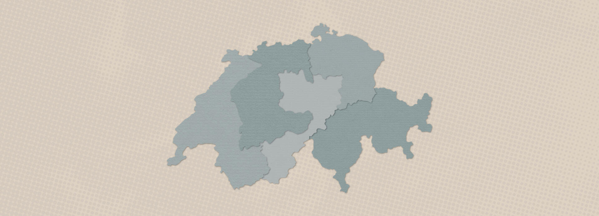 Eine einfache, stilisierte Karte zeigt die Schweiz mit ihren Binnenregionen oder Kantonen, die in verschiedenen Blautönen auf beigefarbenem Hintergrund dargestellt sind.