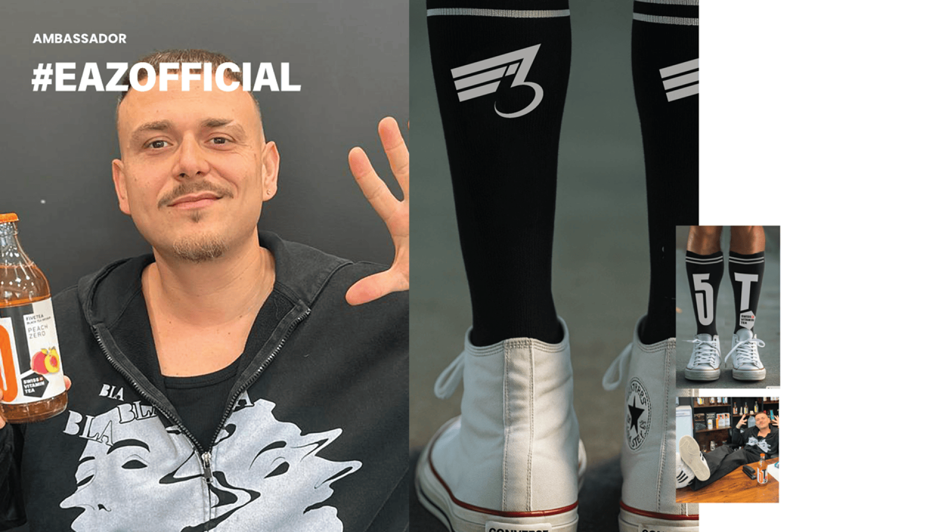 Ein Mann mit einem Kurzhaarschnitt lächelt, während er eine Flasche Saft in der Hand hält. Neben ihm sind Nahaufnahmen von Beinen in schwarzen Socken mit auffälligen weißen Symbolen und weißen Converse-Sneakers zu sehen. Der Text lautet AMBASSADOR #EAZOFFICIAL.