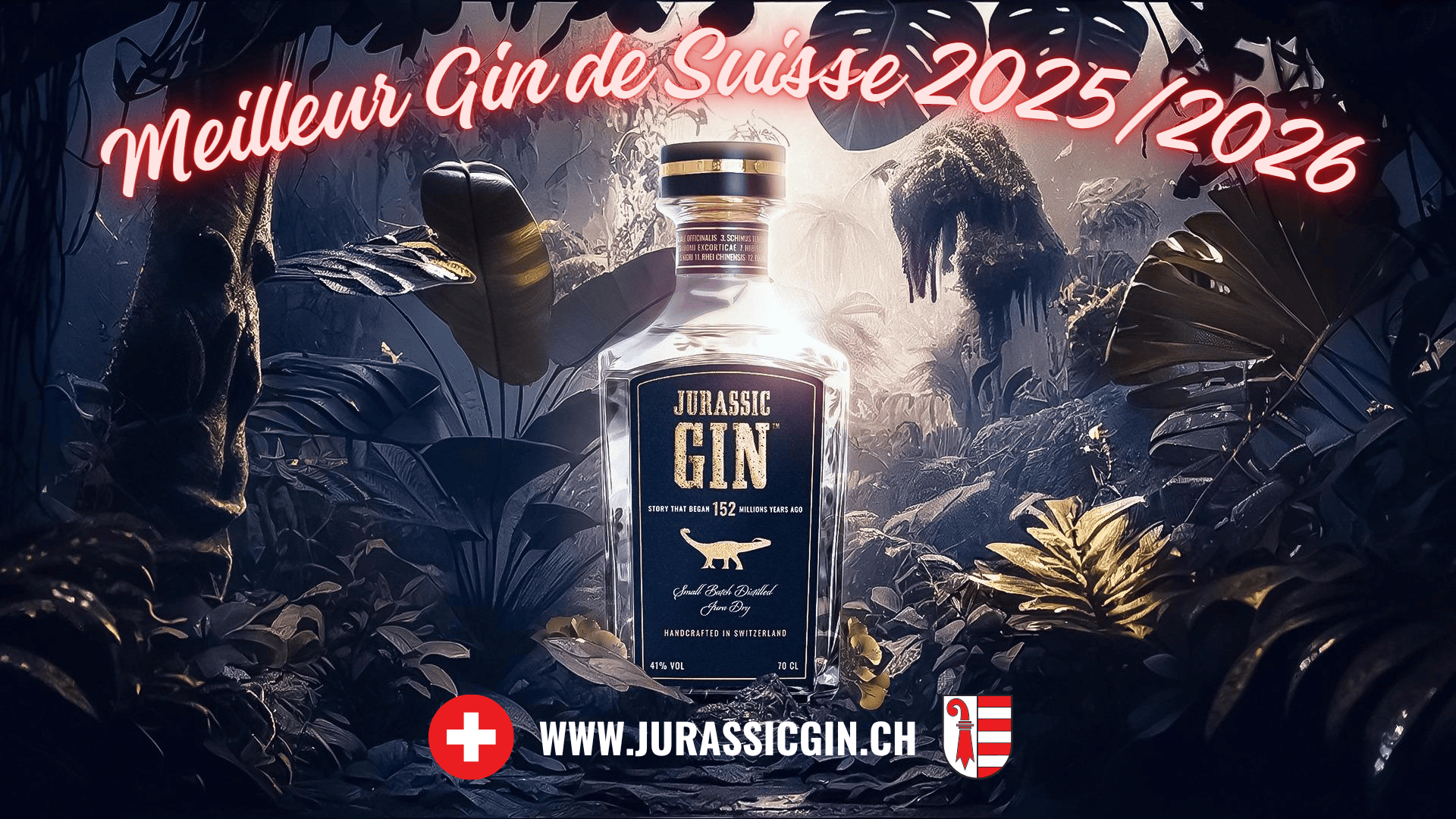 Eine Flasche Jurassic Gin steht inmitten einer üppigen, tropischen Dschungelkulisse. Oben steht in rosa Schrift "Meilleur Gin de Suisse 2025/2026". Unten sind eine Schweizer Flagge, die URL der Website und ein regionales Wappen zu sehen.