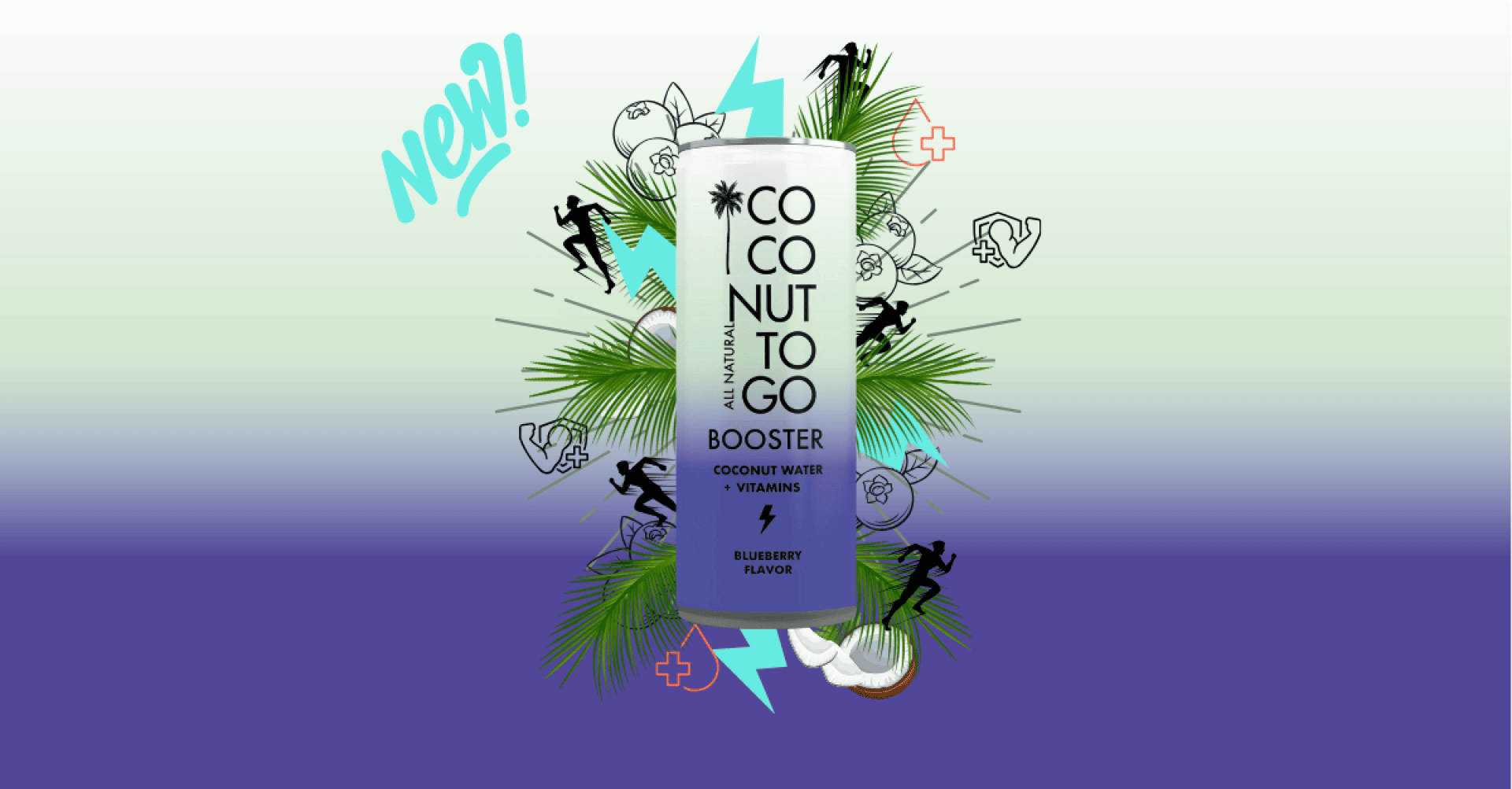 Eine Dose Coconut To Go Booster Kokosnusswasser mit Vitaminen und Blaubeergeschmack steht vor einem tropischen Hintergrund mit Palmenblättern, Kokosnüssen, Silhouetten von Sportlern und dem Wort New! in Blau.