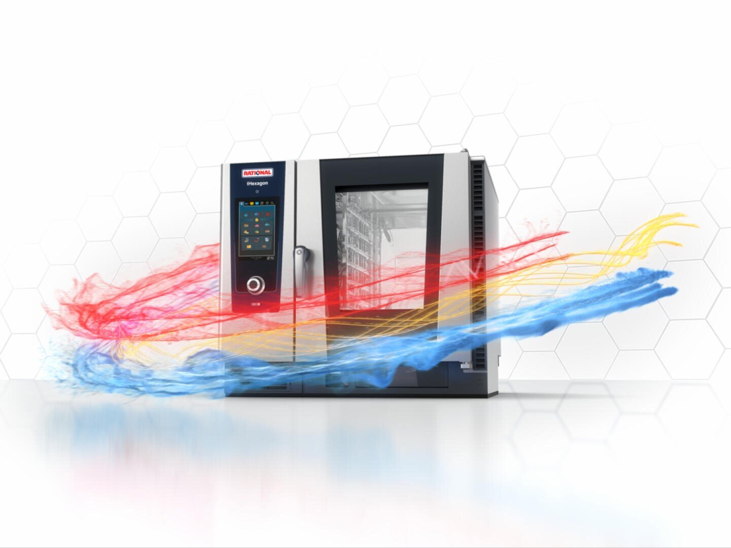 Ein handelsüblicher Backofen mit digitalem Touchscreen ist von wirbelnden roten, blauen und gelben Streifen umgeben, die Wärme und Luftströmung symbolisieren und sich vor einem weißen, sechseckigen Hintergrund abzeichnen.