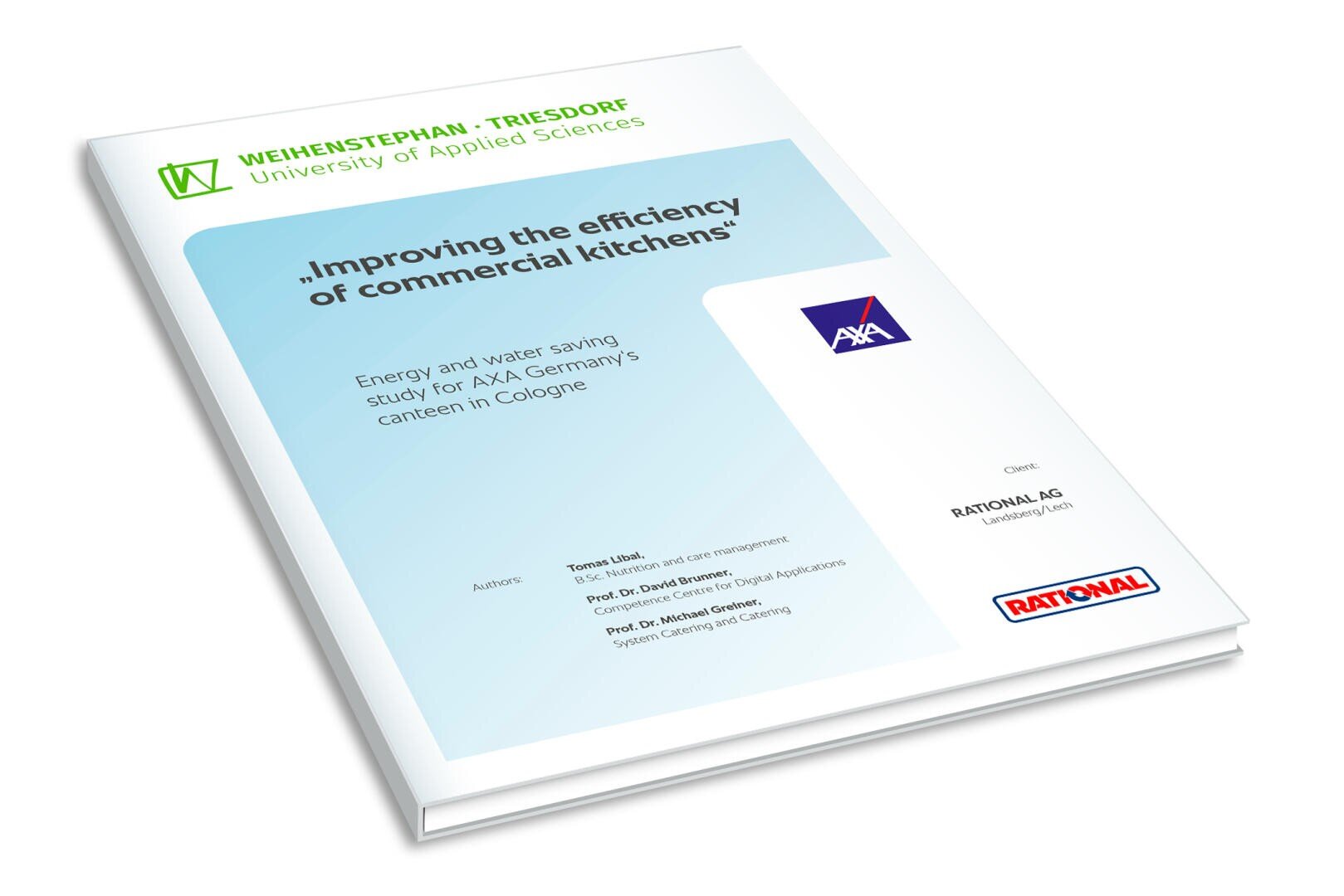 Une brochure intitulée "Améliorer l'efficacité des cuisines commerciales" avec les logos de l'Université des sciences appliquées de WEIHENSTEPHAN-TRIESDORF, d'AXA et de RATIONAL AG, disposés de biais sur un fond blanc.