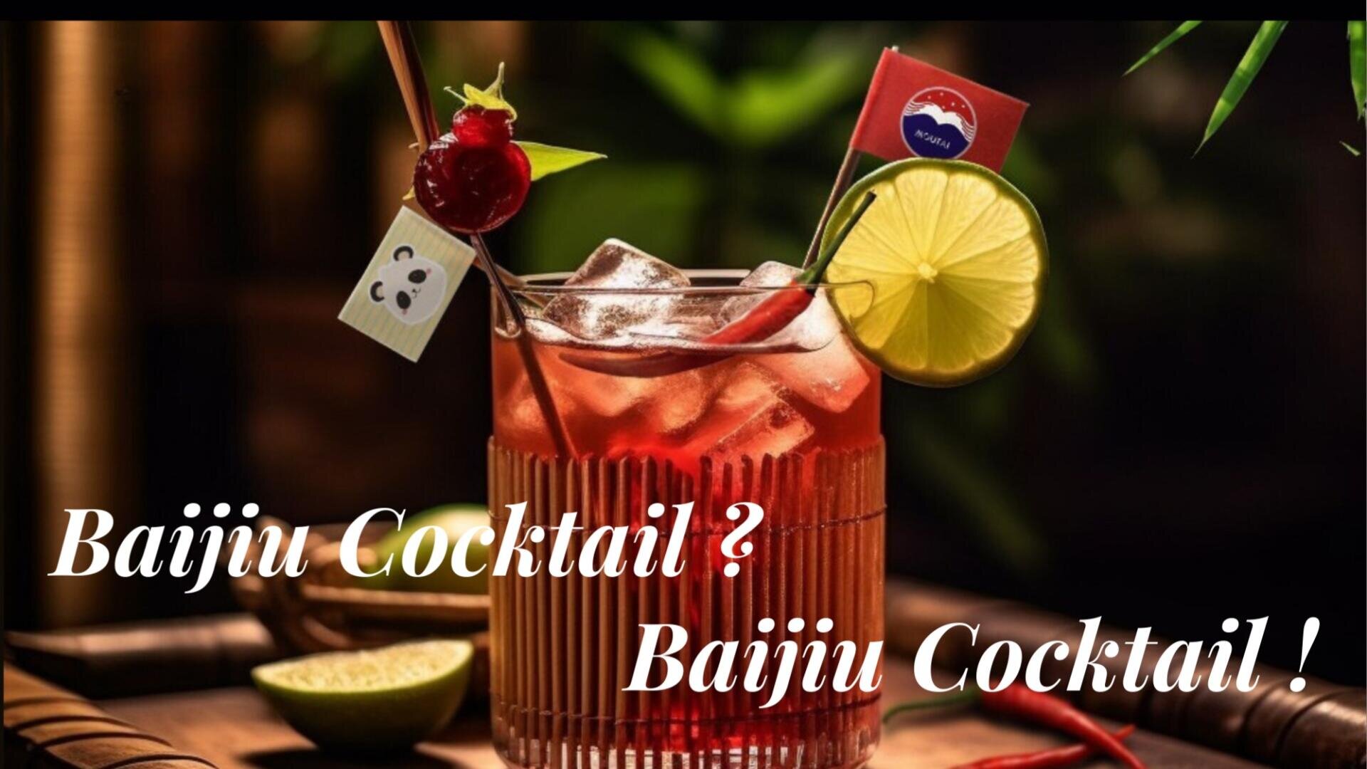 Ein lebendiger Baijiu-Cocktail, garniert mit einem Limettenrad, einer Kirsche, Minze und dekorativen Fähnchen, befindet sich in einem Glas. Der Text lautet: "Baijiu Cocktail? Baijiu Cocktail!" Im Hintergrund sind geschnittene Limetten und verschwommenes Grün zu sehen.