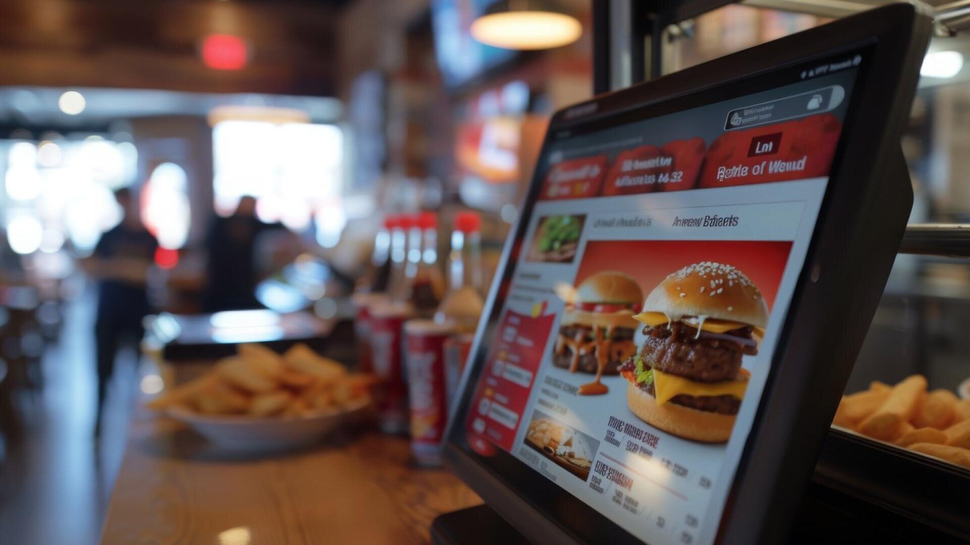 Ein Touchscreen-Kiosk zeigt ein Fast-Food-Menü mit Burgern und Kombi-Gerichten in einem Restaurant, wobei Pommes frites und Gewürze auf der Holztheke zu sehen sind und die Gäste im Hintergrund verschwimmen.