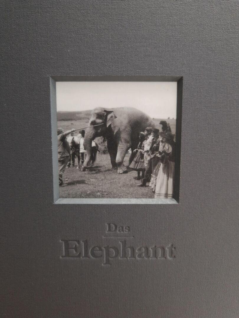 Schwarz-Weiß-Foto eines Elefanten, umgeben von Menschen im Freien. Das Bild ist auf einer grauen, strukturierten Oberfläche mit den geprägten Worten "Das Elephant" unterhalb des Fotos eingefügt.