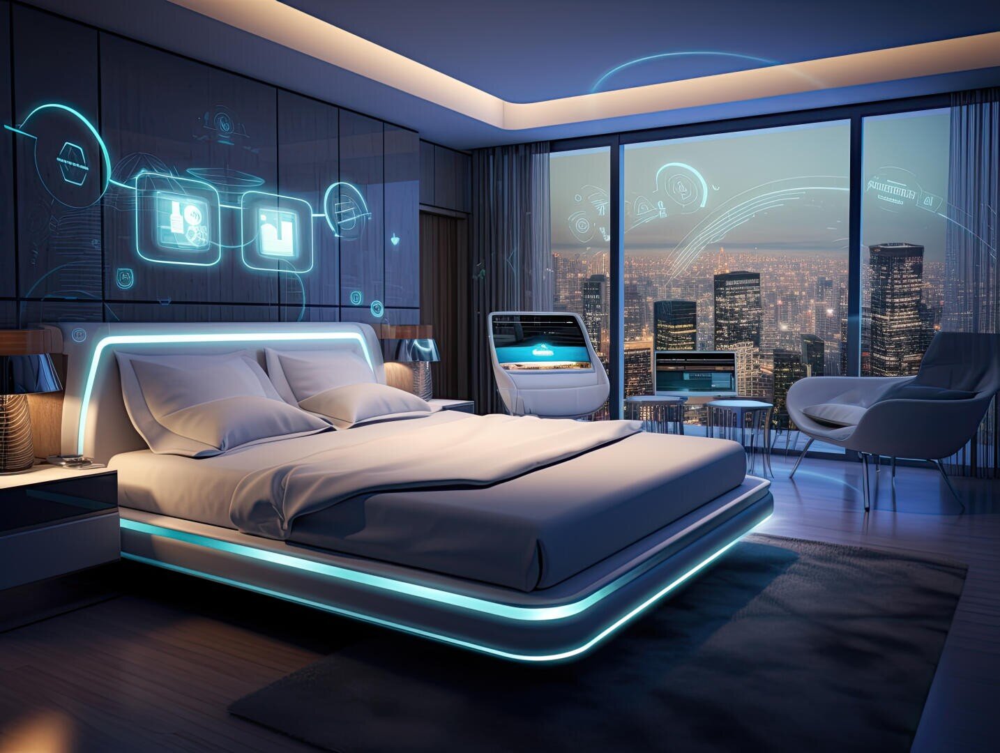 Une chambre à coucher futuriste et intelligente avec un lit lumineux, des interfaces numériques sur les murs et des gadgets avancés. De grandes fenêtres donnent sur l'horizon nocturne de la ville et créent une ambiance moderne et high-tech.