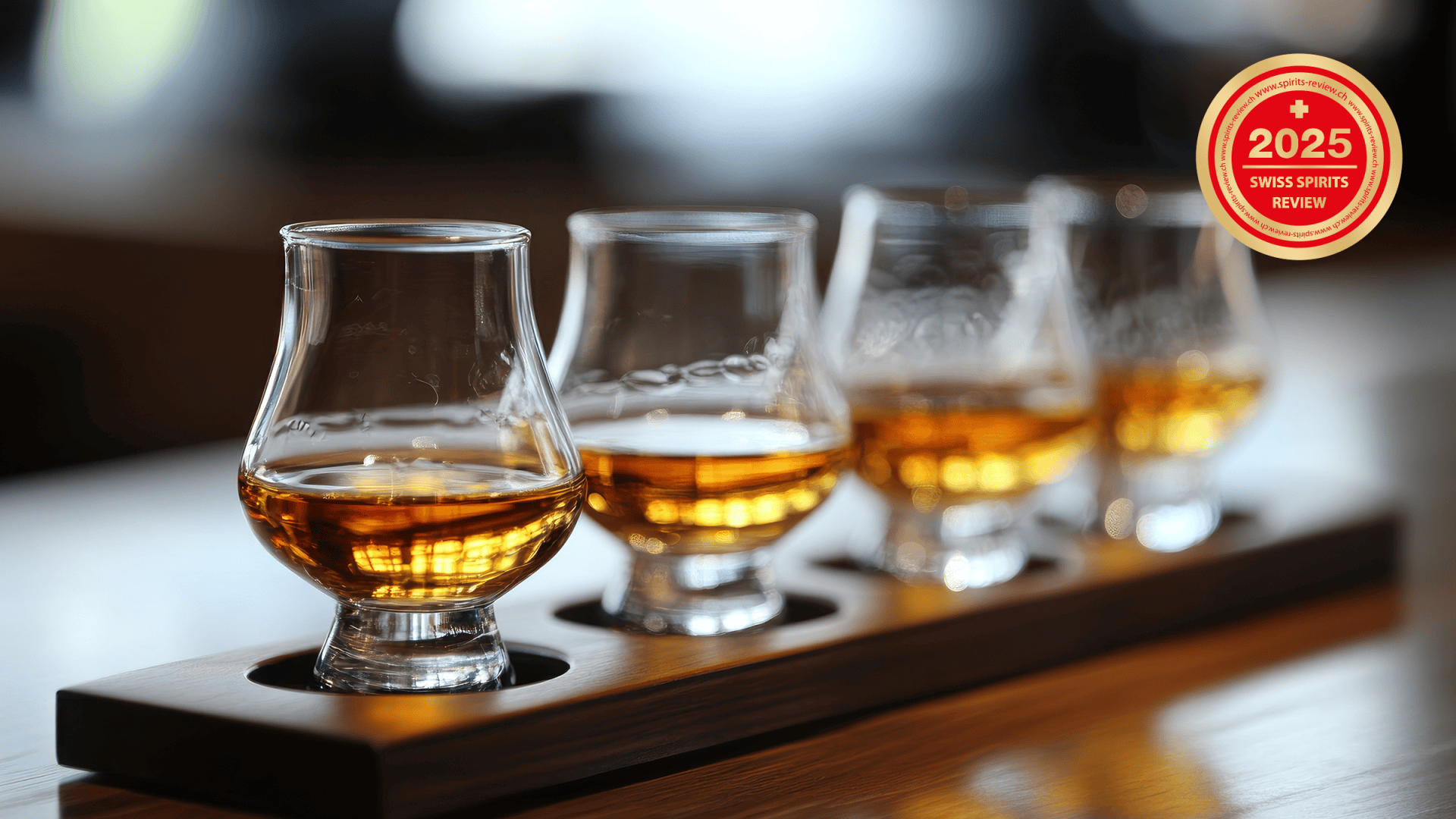 Vier mit bernsteinfarbener Flüssigkeit gefüllte Whiskeygläser stehen in einem hölzernen Tablett auf einem polierten Tisch. In der rechten oberen Ecke prangt eine Plakette der Schweizer Spirituosen Zeitschrift 2025.