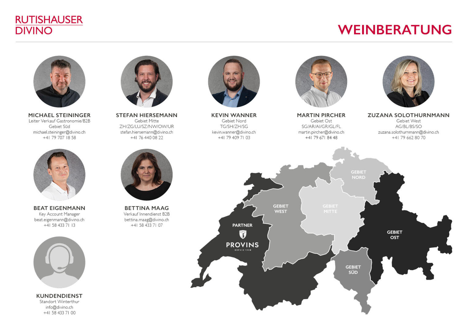 Profilfotos von sieben Weinberatern mit Namen, Titeln, Kontaktdaten und Dienstleistungsregionen über einer Schweizerkarte, die die Gebiete West-, Zentral-, Ost- und Südschweiz hervorhebt.