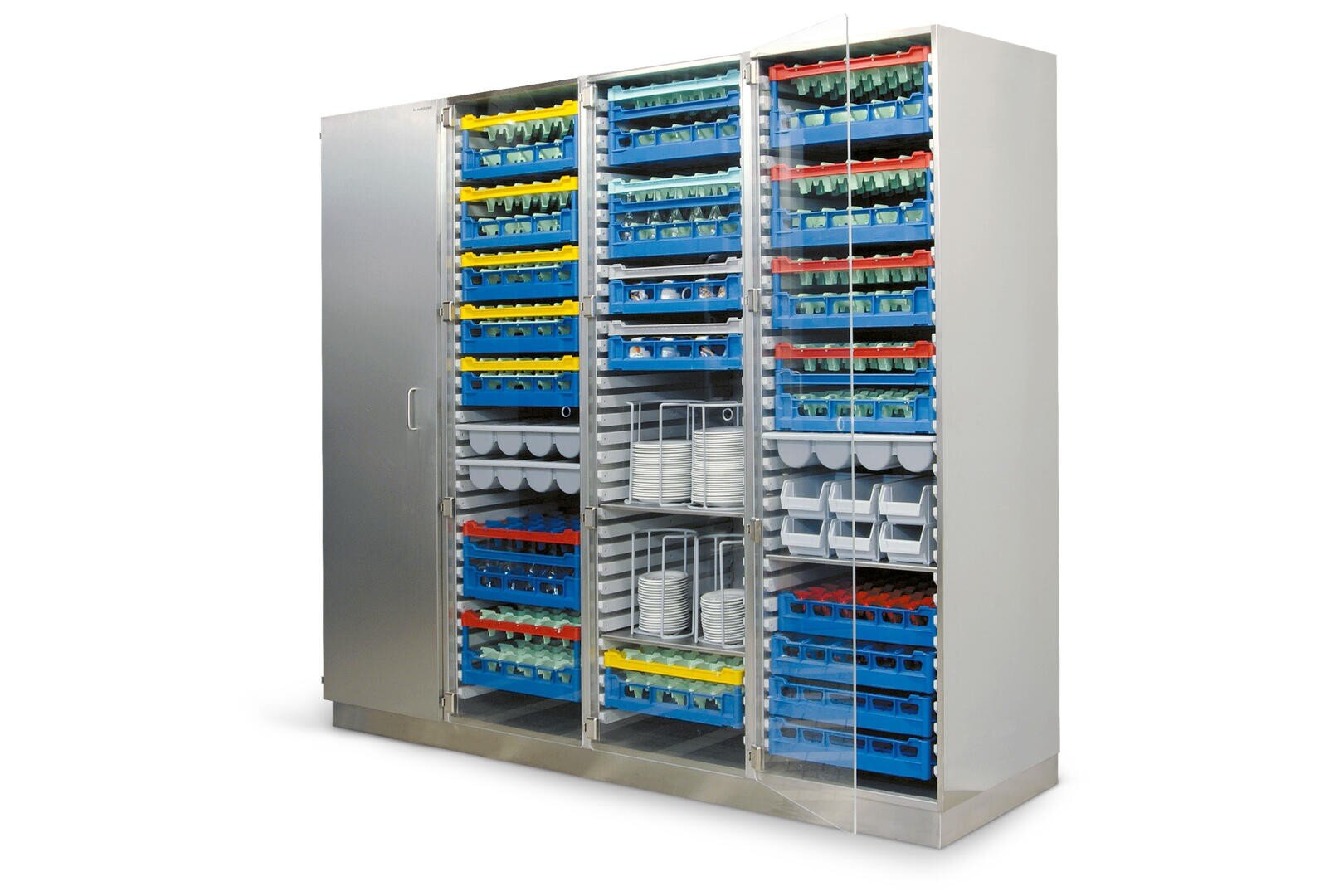 Armoire en acier inoxydable avec portes transparentes, remplie de plateaux et de conteneurs codés par couleur et organisés sur des étagères, contenant diverses fournitures et équipements médicaux ou de laboratoire.
