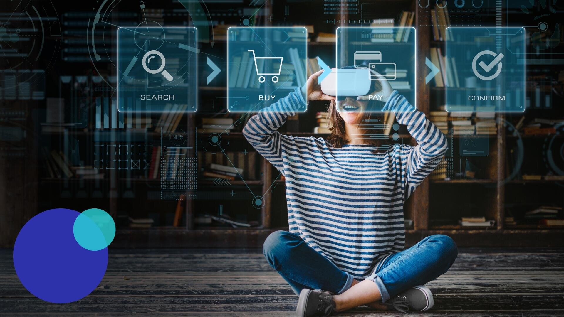 Eine Person in einem gestreiften Hemd sitzt im Schneidersitz, trägt eine Virtual-Reality-Brille und interagiert mit schwebenden digitalen Symbolen, die die Schritte Suchen, Kaufen, Bezahlen und Bestätigen zeigen, mit Bücherregalen im Hintergrund.