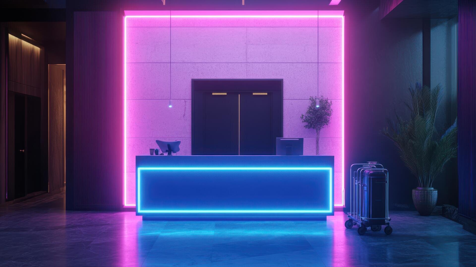 Eine moderne Hotelrezeption, die mit leuchtenden rosa und blauen Neonröhren beleuchtet ist, mit einem Computer, einer Pflanze und zwei Koffern auf dem glänzenden Boden, die eine futuristische und stilvolle Atmosphäre schaffen.