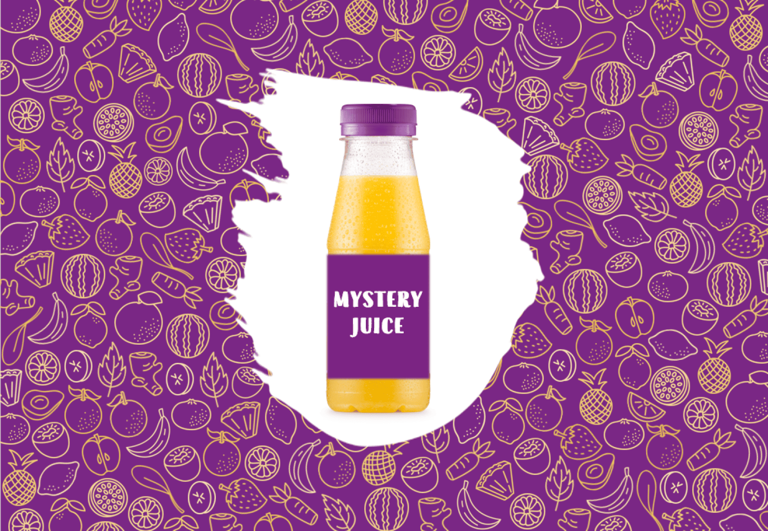 Eine Flasche orangefarbener "Mystery Juice" mit einem violetten Etikett steht in der Mitte eines leuchtend violetten Hintergrunds, der mit goldenen Fruchtzeichnungen und einem weißen Farbspritzer hinter der Flasche gefüllt ist.