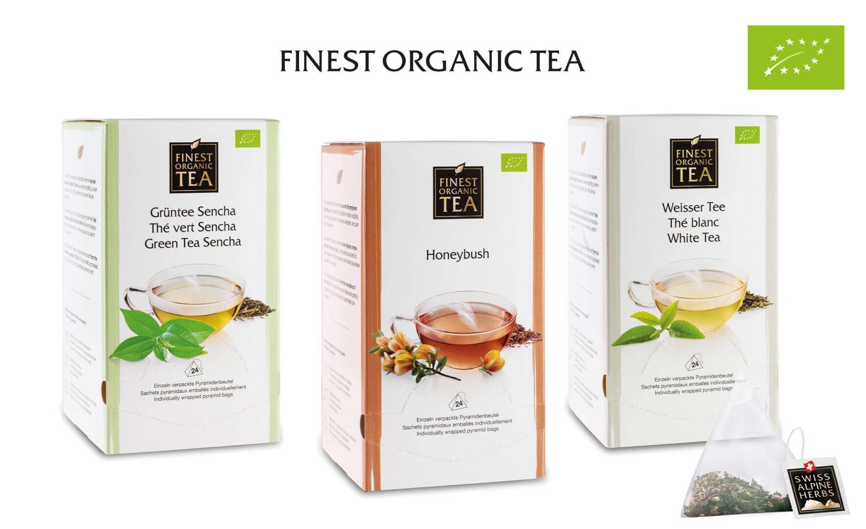 Drei Schachteln mit feinstem Bio-Tee - Grüner Tee Sencha, Honeybush und Weißer Tee - sind mit einem Teebeutel, einem Teeblatt und einem grünen EU-Bio-Logo versehen. Jede Schachtel zeigt das Bild einer Tasse Tee.